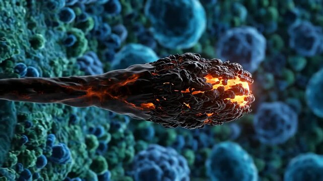 A microscopic view of a burning diseased cell or pathogen destroying a healthy cellular environment