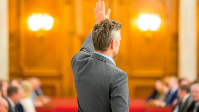 Oath of Office: A man, seen from the rear, takes an oath with hand raised, symbolizing commitment and dedication to principles. The image captures solemnity and duty.