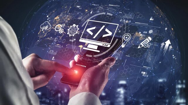 Modern web development concept featuring coding symbols, web development process, web development interface, and web development tools with futuristic design. Muxer