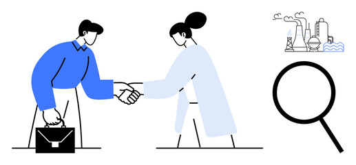 Two professionals shaking hands, factory and smoke in background, magnifying glass nearby. Ideal for partnerships, sustainability, business deals, environmental impact, collaboration, analysis