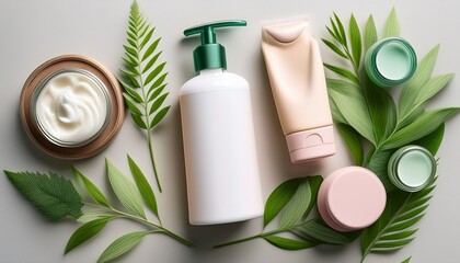 flat lay of skincare items cleanser toner moisturizer neatly arranged