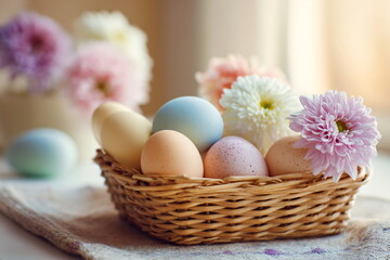 pastel Easter eggs in wicker basket with flowers, soft natural lighting