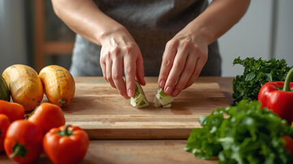 Preparing Fresh Vegetables on Wooden Table