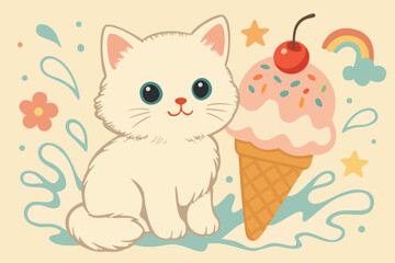 Kitten and icecream. Milky splashes and colorful icecream accompanied by white cute fluffy cat and sift childlike elements. Vintage vector poster
