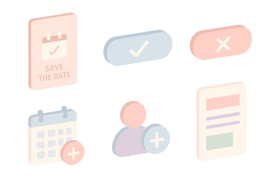 RSVP Management Tools. Isometric vector illustration set of RSVP management tools: digital save-the-date notice, confirm