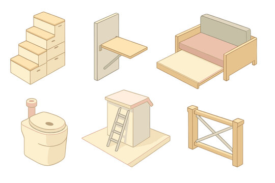 Space-Saving Home Design. Isometric vector illustration set of space-saving home layout: storage stairs, folding worktable,