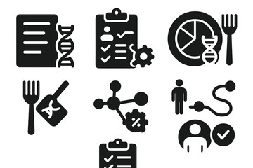 Personalized Nutrition Icons. Solid style icons of personalized nutrition plans: DNA-based menu, custom diet clipboard, genome