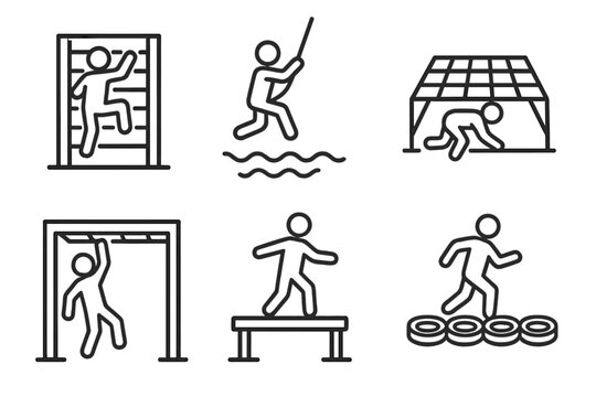 Obstacle Course Icons. Line style icons of obstacle course racing: wall climb challenge, rope swing over water, cargo net crawl,