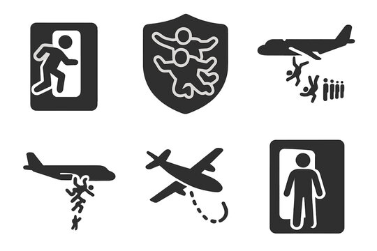 Skydiving Icons Collection. Solid style icons of skydiving aircraft and deployment: exit from plane door icon, tandem jump exit