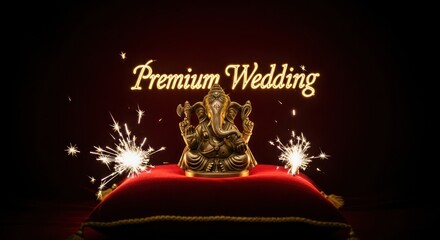 Elegant Ganesha idol illuminated by sparklers with premium wedding text overlay