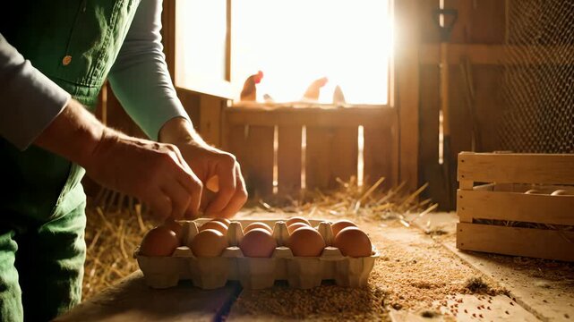 Farmer's Hands Carefully Placing Fresh Brown Eggs in a Carton Inside a Rustic Barn with Natural Sunlight