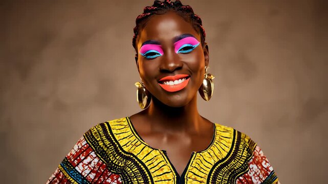 A beautiful young African woman with vibrant colorful makeup and braided hair smiling confidently in a studio portrait.
