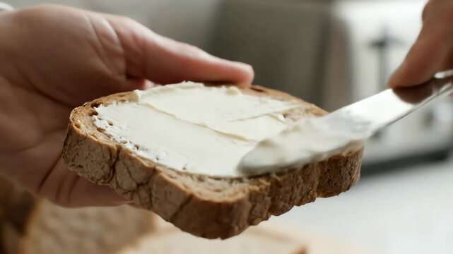 A close-up view of hands spreading creamy white cheese on a slice of fresh brown bread for breakfast.