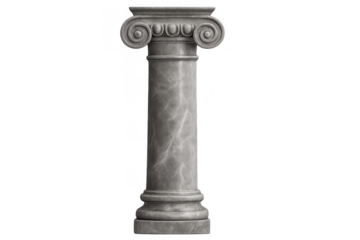 Ionic order marble column displaying classical architecture with volutes, a capital, shaft, and base on transparent background