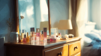 朝のやわらかな光に照らされる寝室で、化粧道具が整えられたドレッサーのある日常の水彩ポリゴン
