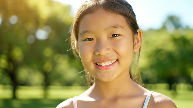 Close-up portrait of a happy young Asian girl smiling cheerfully in a sunlit green park outdoors.