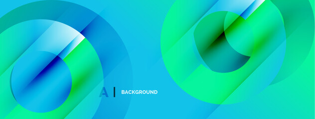 Abstract design features overlapping circles, vibrant bluegreen gradients. Modern aesthetic, dynamic composition, suitable background element.