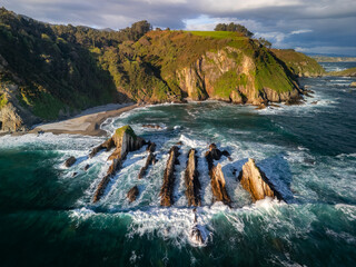 Playa de Gueirua, Asturias. Aerial view of the famous rocks.