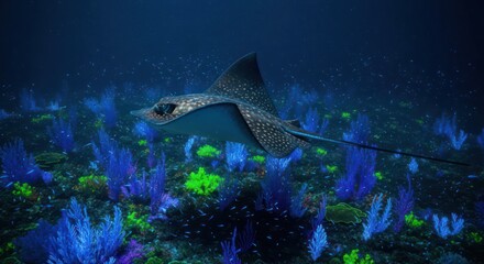Fototapeta premium Majestic Spotted Eagle Ray glides through vibrant coral reef ecosystem teeming with life