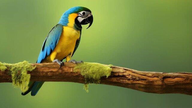 Captivating Parrot Perched: A vibrant blue and yellow macaw perches elegantly on a branch against a serene green backdrop. It's a vivid portrait of a tropical bird's natural beauty.