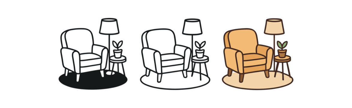 Flat vector illustration cozy corner scenes armchair lamp and rug soft rounded shapes clean outline one black and white flat version one outline version one color version home decor style