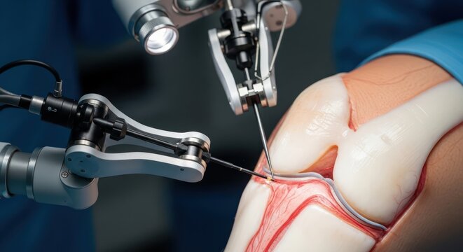 Precision Robotic Surgery Performing Advanced Orthopedic Procedure on Knee Joint Model