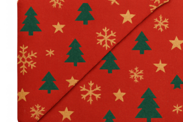 Christmas wrapping paper showing a festive pattern with green trees, golden stars, and snowflakes on red background, transparent edge