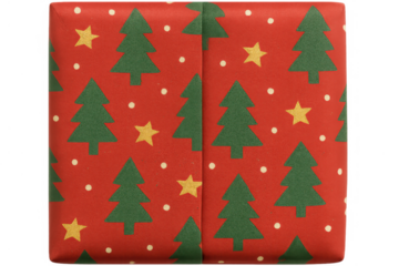 Christmas giftbox with festive red wrapping paper, green pine tree and yellow star pattern, celebration present, transparent background