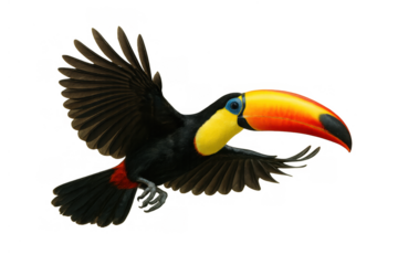Toucan bird in flight, showcasing its vivid large beak and tropical plumage. Digital illustration of exotic wildlife