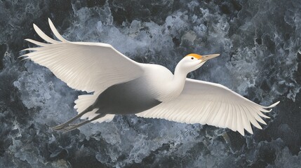 Obraz premium Crane in Midflight Against a Dark Background With Textures and Colors Displaying Motion and Grace