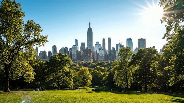 A vibrant time lapse of the New York City skyline viewed from a lush green park on a beautiful sunny day.