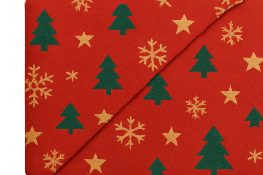 Christmas wrapping paper showing a festive pattern with green trees, golden stars, and snowflakes on red background, transparent edge - Powered by Adobe