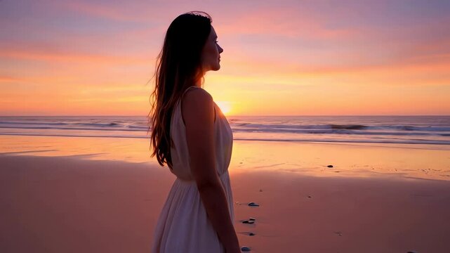 Elegant woman in a white dress watches the beautiful ocean sunset from a rock on the sandy beach