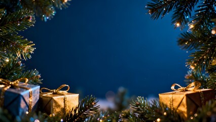 Elegant Christmas Copy Space Background Featuring Soft Dark Blue Matte Texture With Gift Boxes Pine Branch Border Festive Winter Holiday Card Banner Design, and Premium Style