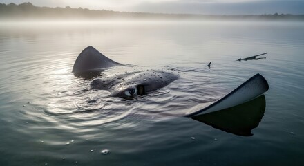 Fototapeta premium Mysterious Freshwater Stingray Emerges From Misty Lake Waters at Dawn Captured in Wildlife