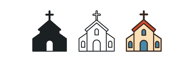 religion icons one flat solid monochrome one thin black outline black and white one full color flat icon church facade with