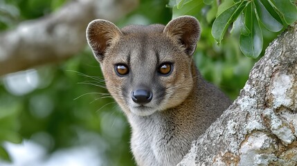 Fototapeta premium Fossa Hunts Lemurs in a Tree in Madagascar During Daylight Hours