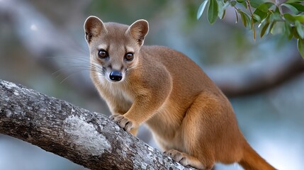 Obraz premium Fossa Climbs a Tree in Madagascar While Hunting Lemurs During the Daytime