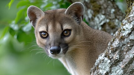 Fototapeta premium Fossa Hunts for Lemurs in a Tree in Madagascar During the Day