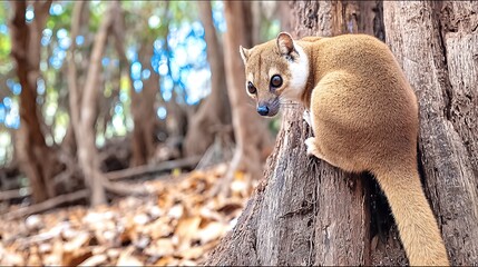 Fototapeta premium Fossa Resting on a Tree Trunk in Madagascar While Lemurs Roam Nearby During the Day