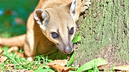 Obraz premium Fossa Climbing a Tree While Watching Lemurs in Madagascar During the Day