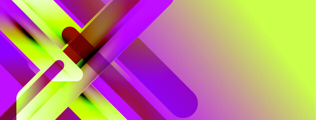 Abstract geometric shapes overlap, creating vibrant gradients. Purple, yellow hues dominate composition. Modern design elements present.