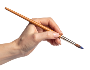 Elegant hand holding paintbrush with vibrant blue paint for creative artistic projects and professional design work