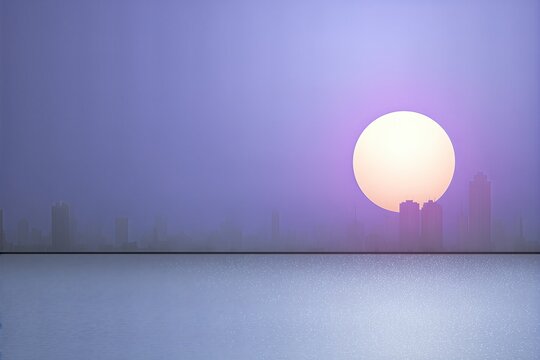Modern Skyline of a Nigerian City at Sunset With a Large Sun and Calm Waters in the Foreground