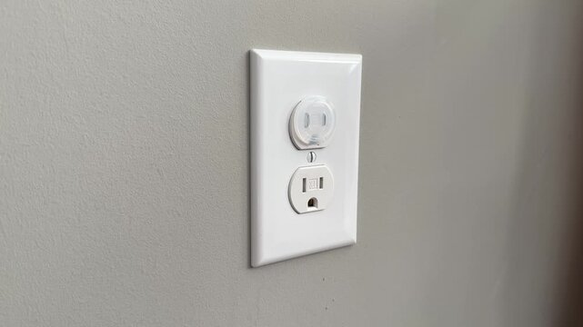 Female hand installing child safety outlet covers on an electrical wall socket. 