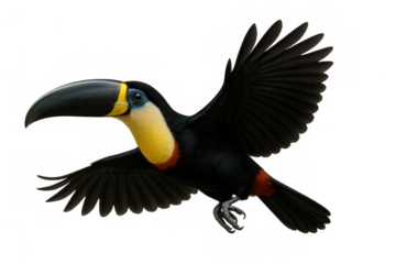 Toucan bird flying, showing wings extended, colorful tropical wildlife animal, isolated on transparent background