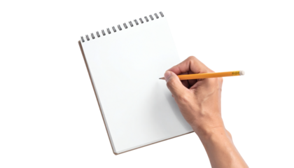 Creative mind sketching ideas on blank notepad with yellow pencil, professional planning and note taking