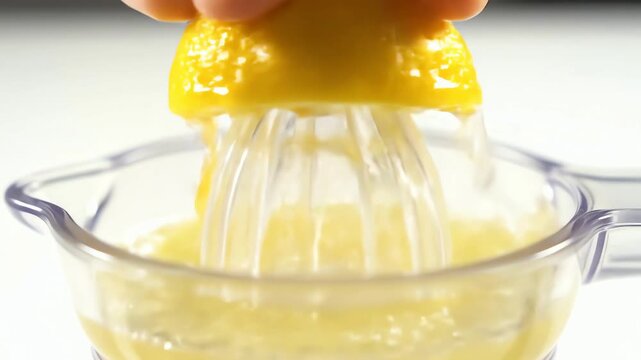 A close up shot of a hand squeezing a fresh ripe lemon on a manual juicer to make citrus juice