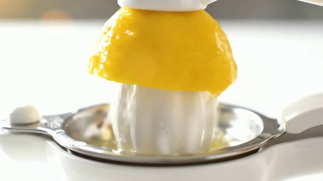 Close up of a fresh yellow lemon being squeezed on a manual citrus juicer releasing juice