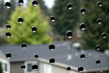Raindrops on Window Glass With Green Trees and Houses in the Background During a Rainy Day